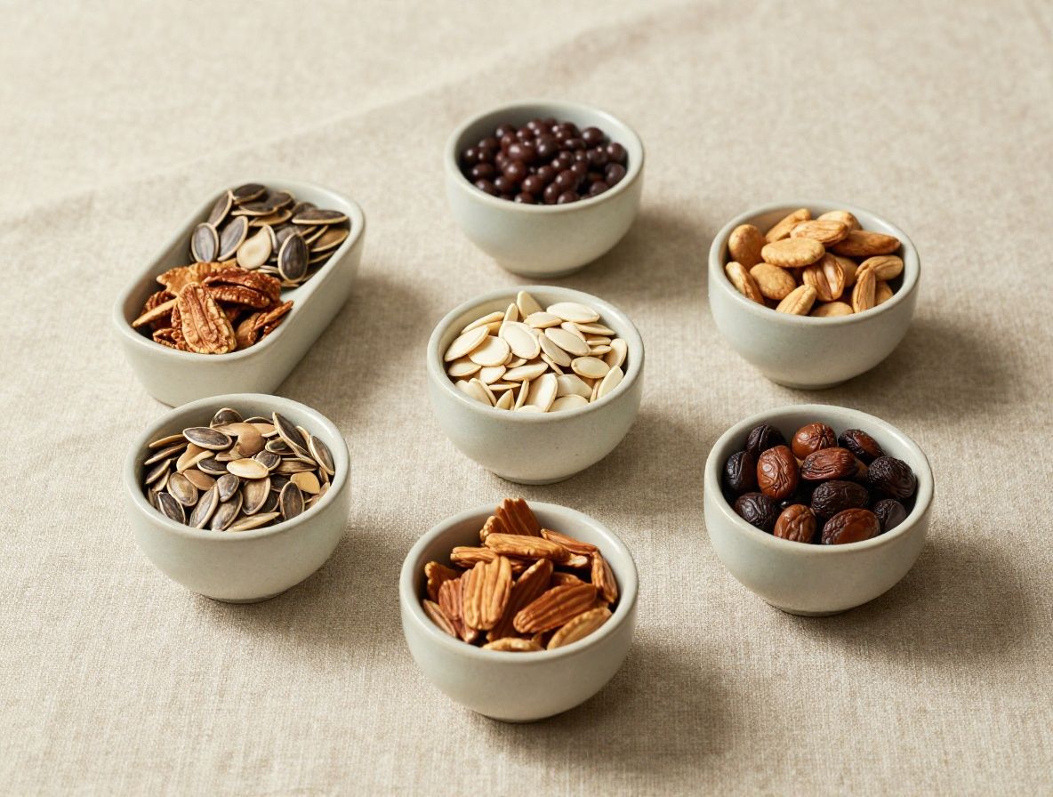 Frutos secos variados, semillas y legumbres dispuestos en pequeños cuencos de cerámica sobre tela de lino natural, textura cálida y minimalista